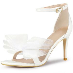 Open Toe High Heels Ankle Strap Bow Tie White Stiletto Heel Sandals